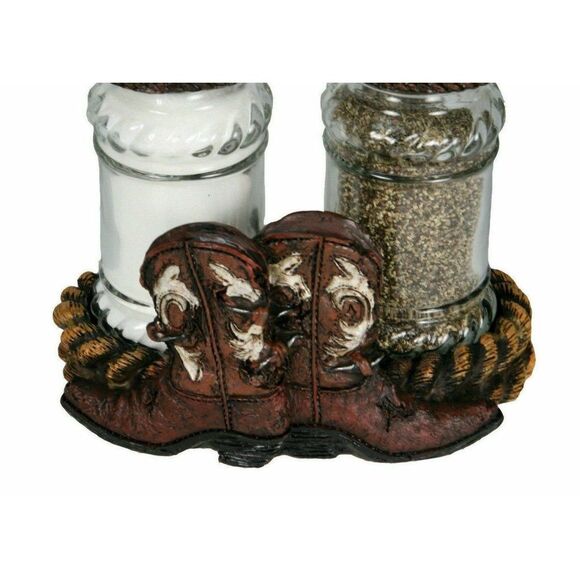 Rivers Edge Cowboy Boots and Steer Salt Pepper Shakers Caddy Ceramic Western - Picture 2 of 3